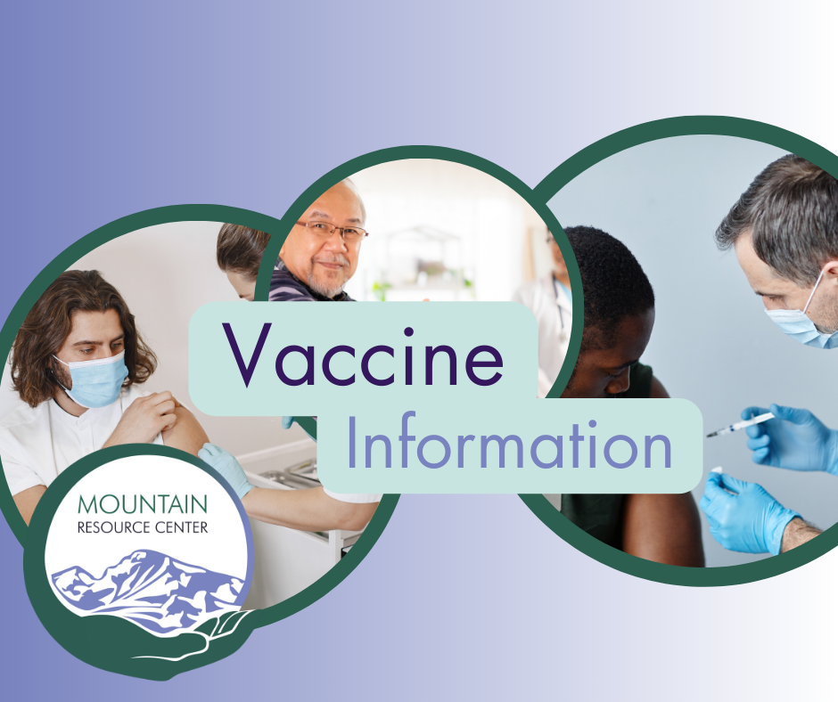 Images of different people getting vaccines are displayed in overlapping circles with green borders, with the words Vaccine Information with a light green background. The MRC logo is in the lower left. The background is a gradient from lavendar on the left to white on the right.