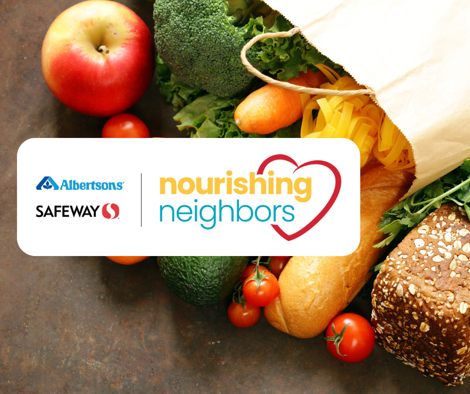Picture of groceries spilling out of paper bag with Nourishing Neighbors logo on bottom left.