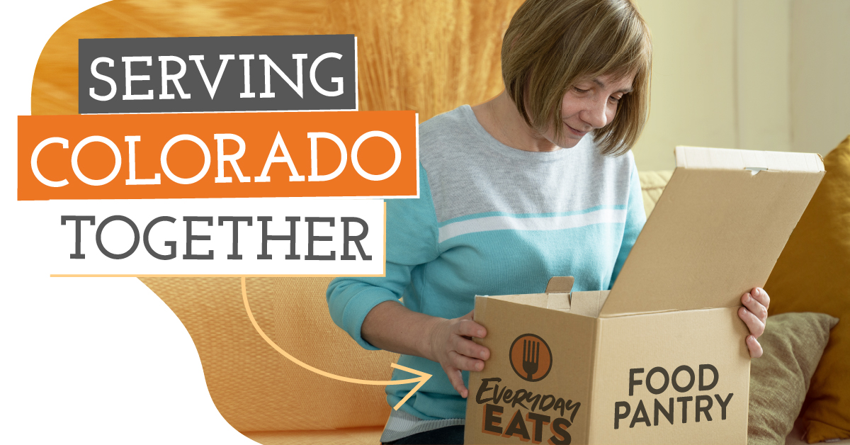 A graphic provided by the Everyday Eats program featuring the words Serving Colorado Together with a woman opening a box that says Food Pantry on one side and Everyday Eats as a logo on the other side.