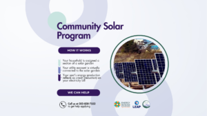 A graphic for Energy Outreach Colorado's Community Solar Program. The text reflects what is in the blog copy. The imagery is a very light lavender background with large lavender circles with hollow centers in the background, and a small light green circle. There is a circular image with a green border a little distance from the image itself of solar panels in a field.
