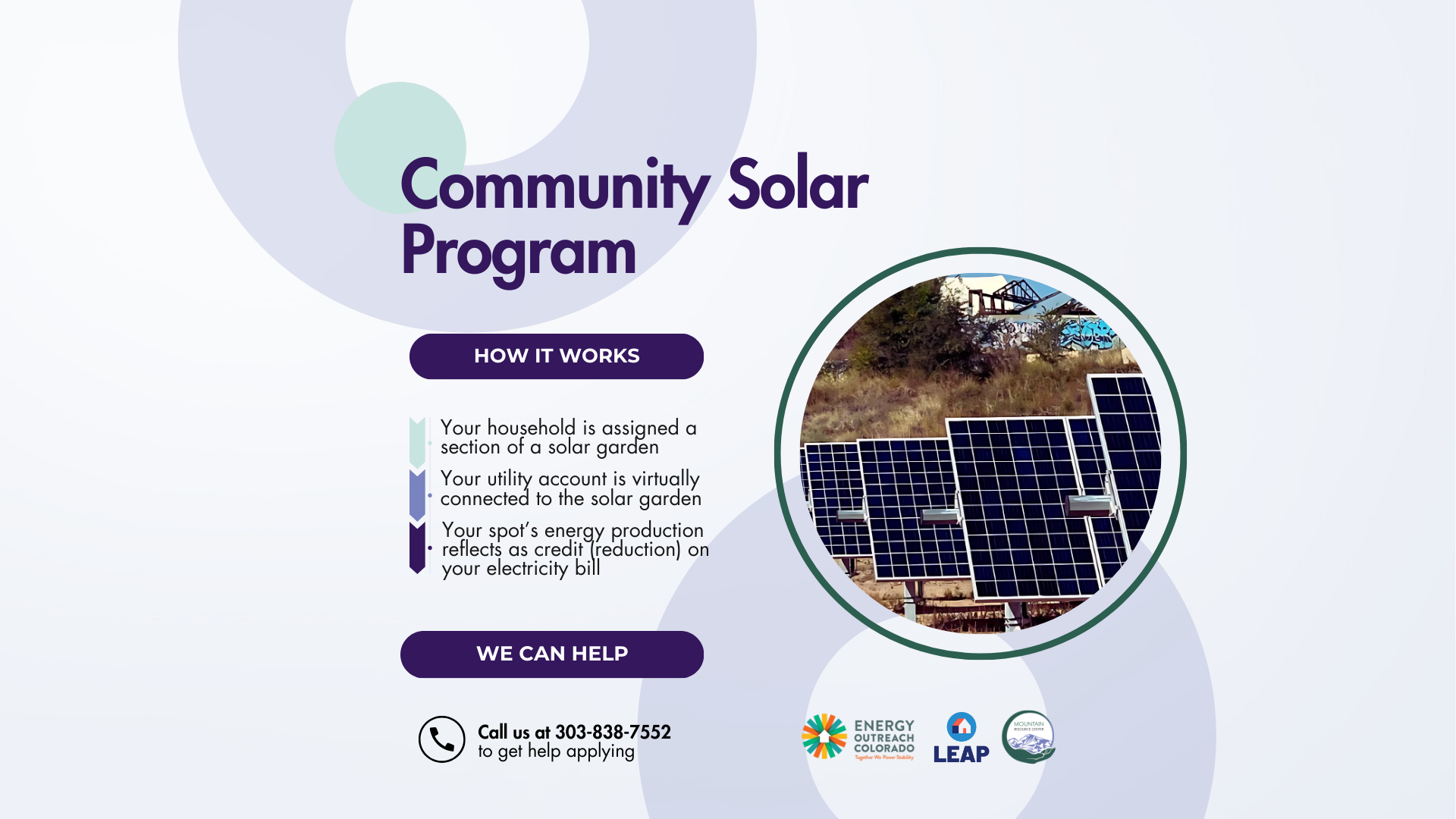 A graphic for Energy Outreach Colorado's Community Solar Program. The text reflects what is in the blog copy. The imagery is a very light lavender background with large lavender circles with hollow centers in the background, and a small light green circle. There is a circular image with a green border a little distance from the image itself of solar panels in a field.