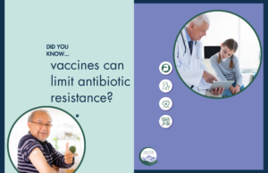 A rectangular graphic with light green and light purple rectangles in the background, an image of a man with a band-aid on his arm in the lower left, an image of a girl with a doctor on the upper right, both images are circular with a green border. Copy says 'did you know... vaccines can limit antibiotic resistance?" There are small white circles with medical looking wee icons in them as well.