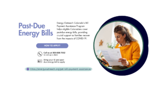 A circular image of a woman in a yellow sweater looking at some papers is in a green border with purple circles behind it on the mid-right of the image. On the left is the title "Past Due Energy Bills" in light purple, followed by some text that echoes the text found in the blog post itself.