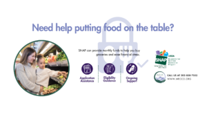 Light purple text asks "need help putting food on the table?" across the top of the image. On the left center is an image of a woman holding a child and shopping for produce in a circle with a green border. In the center background is a large faded image of a purple lock with a spoon and fork on it in white. On top of this image there is text that reads "SNAP can provide funds to help you buy groceries and ease financial stress." Below this is a purple circle with an image of paperwork with "Application Assistance" written below it. A purple dotted line separates it from another purple circle with an image of a checklist and below it says "Eligibility Guidance." There is another dotted line and a round purple image of a handshake and below it says "Ongoing Support." To the right of this is the MRC logo and the SNAP logo.