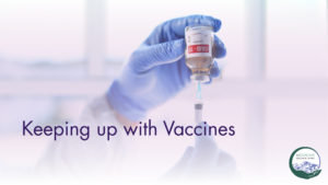 A photo of hands in medical gloves filling a needle from a vial. The image fades to white on the bottom and the words "Keeping up with Vaccines" is wrotten mid lower left. At lower right is the MRC logo.