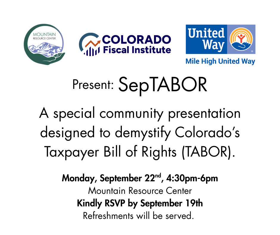The logos of Mountain Resource Center, Colorado Financial Institute, and Mile High United Way are across the top of the graphic. Below is information about the event.