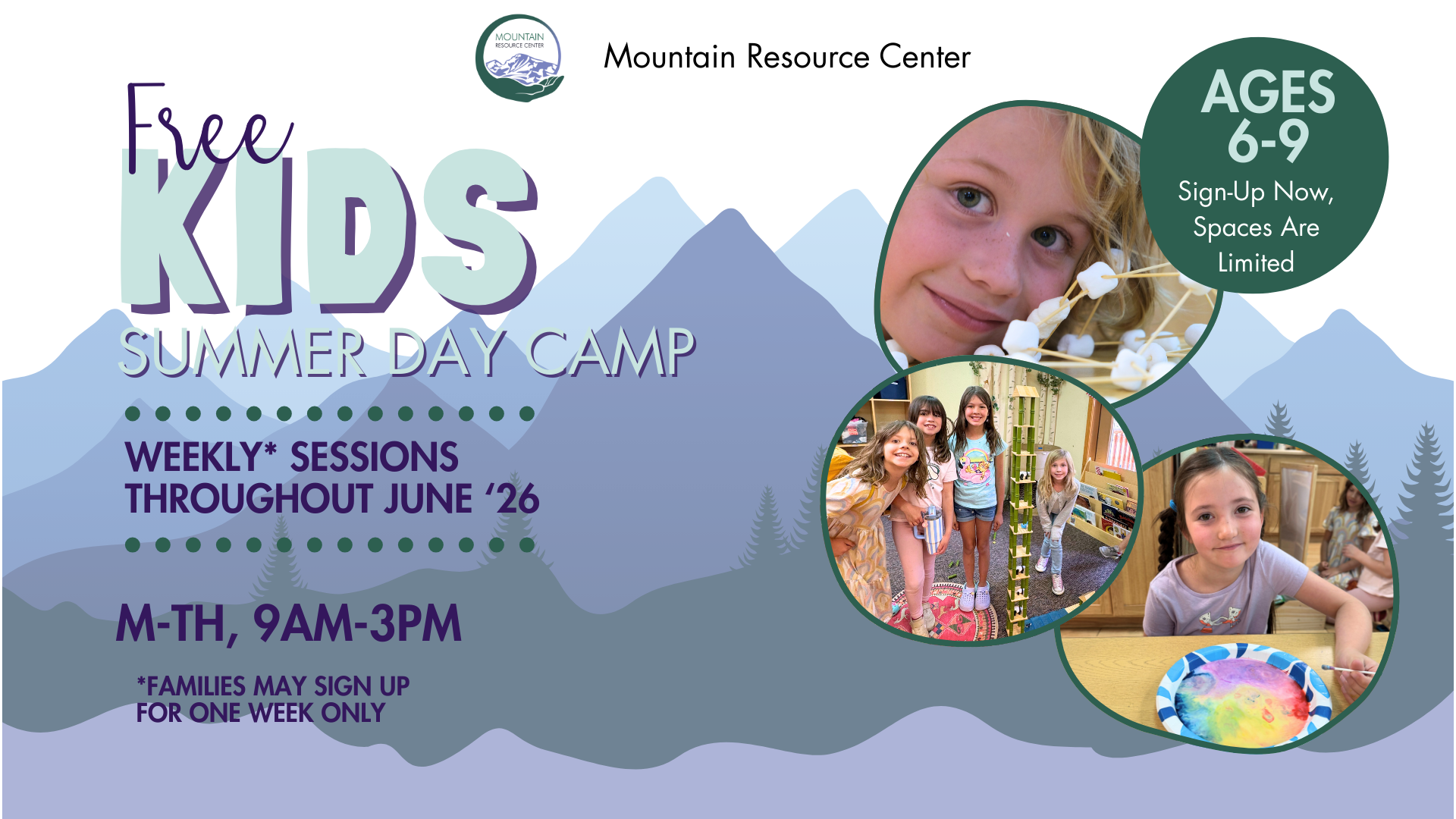 A mountain range silhouette in shades of purple and blue is in the background. Copy in various fonts summarizes information in the text. There are three photos framed in wobbly circles with dark green borders on the right. The top image shows a blonde boy's face with a structure made of marshmallows and toothpicks on the table in front of him. The second shows a group of girls next to a block tower. The third shows a girl with a paper plate of swirled liquid colors.