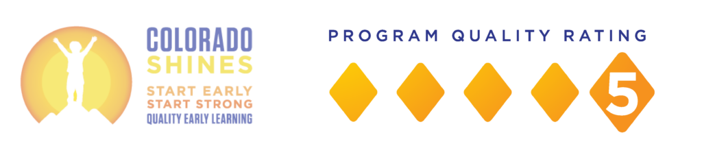 A Colorado Shines logo on the left, on the right side are five diamonds symbolizing the rating levels Colorado Shines issues. The first four diamonds are the same size, arranged left to right. The final diamond shape is larger and has the number 5 written in it to indicate the rating level. Program quality level is written above the diamonds.